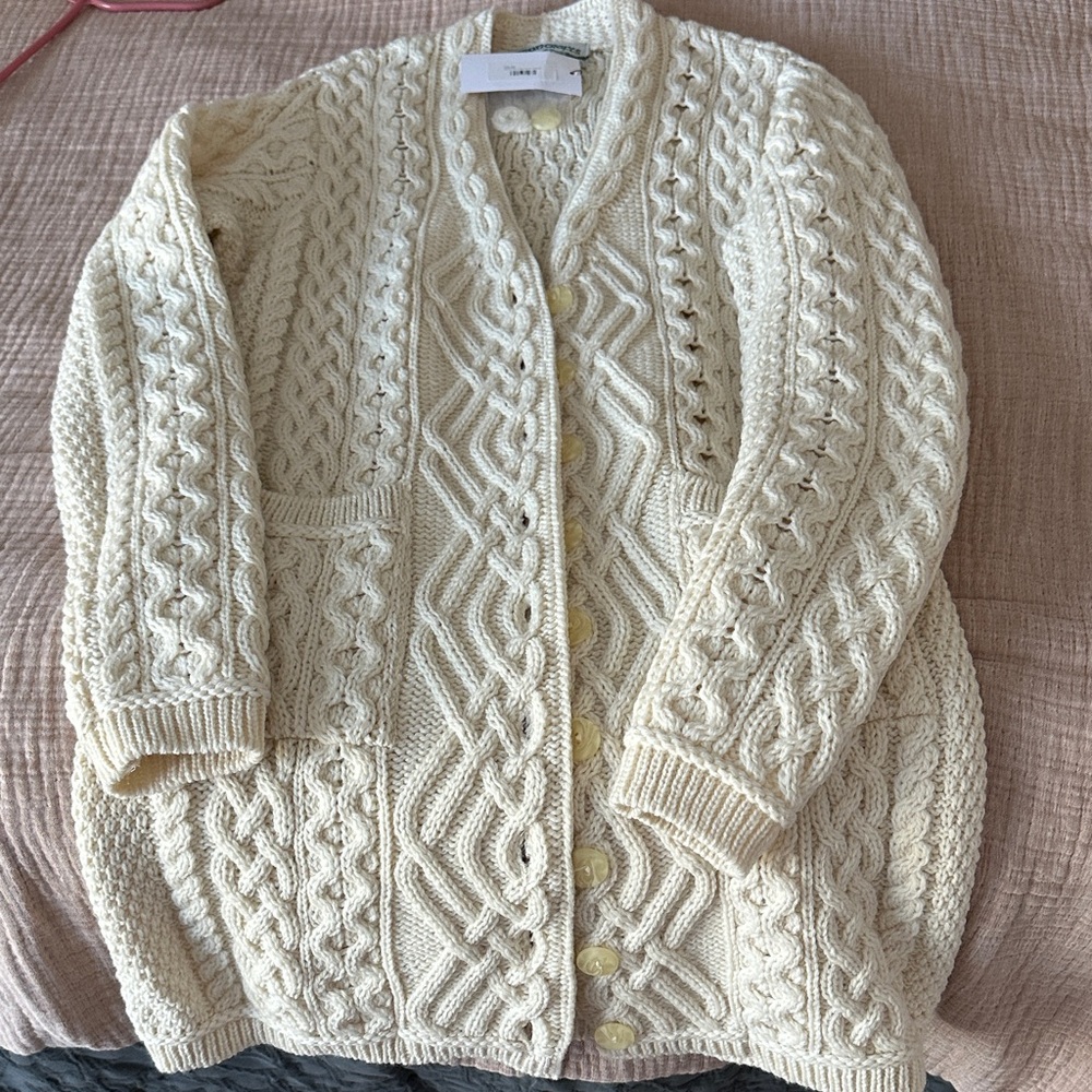 Aran Crafts Cream Cable Knit Cardigan. Size medium.  100 percent wool.